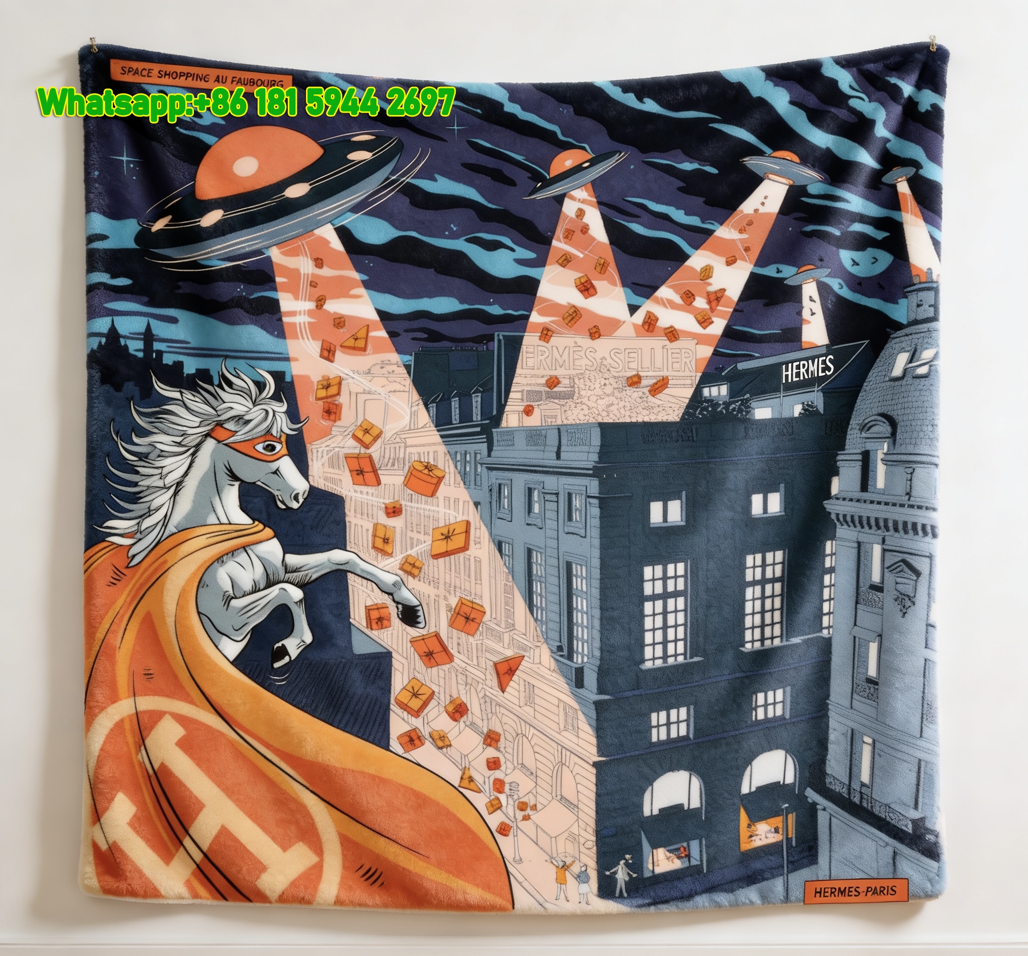 Hermès Super Horse UFO Print Flannel Throw Blanket IMG_5394